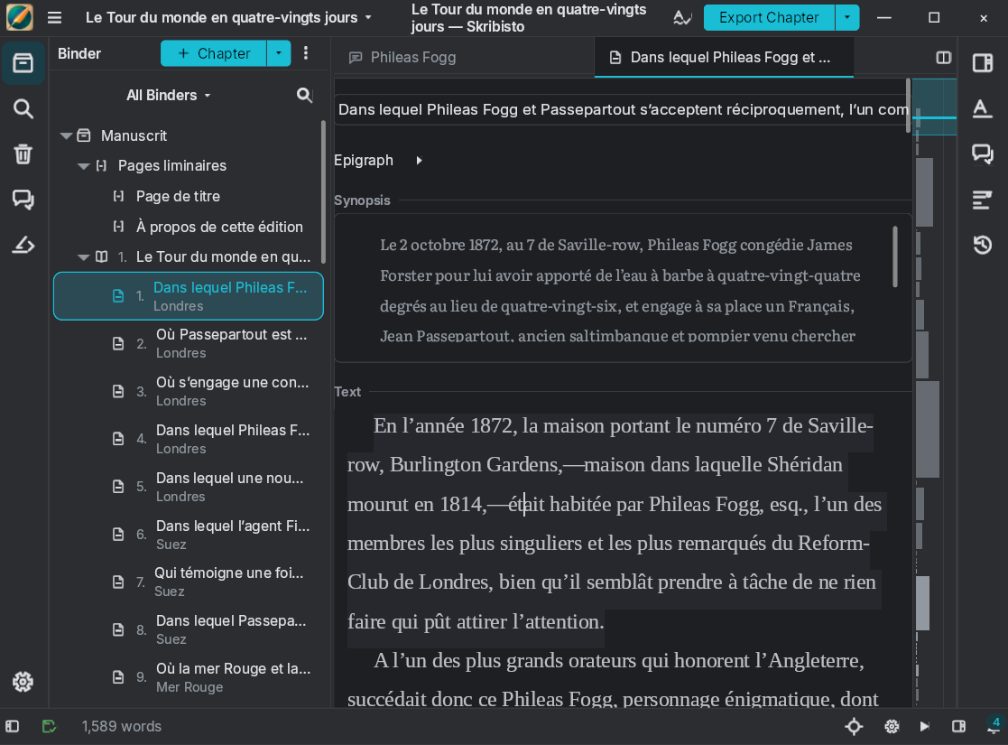 Skribisto 3 with a chapter binder, document editor, synopsis and outline in a dark theme.