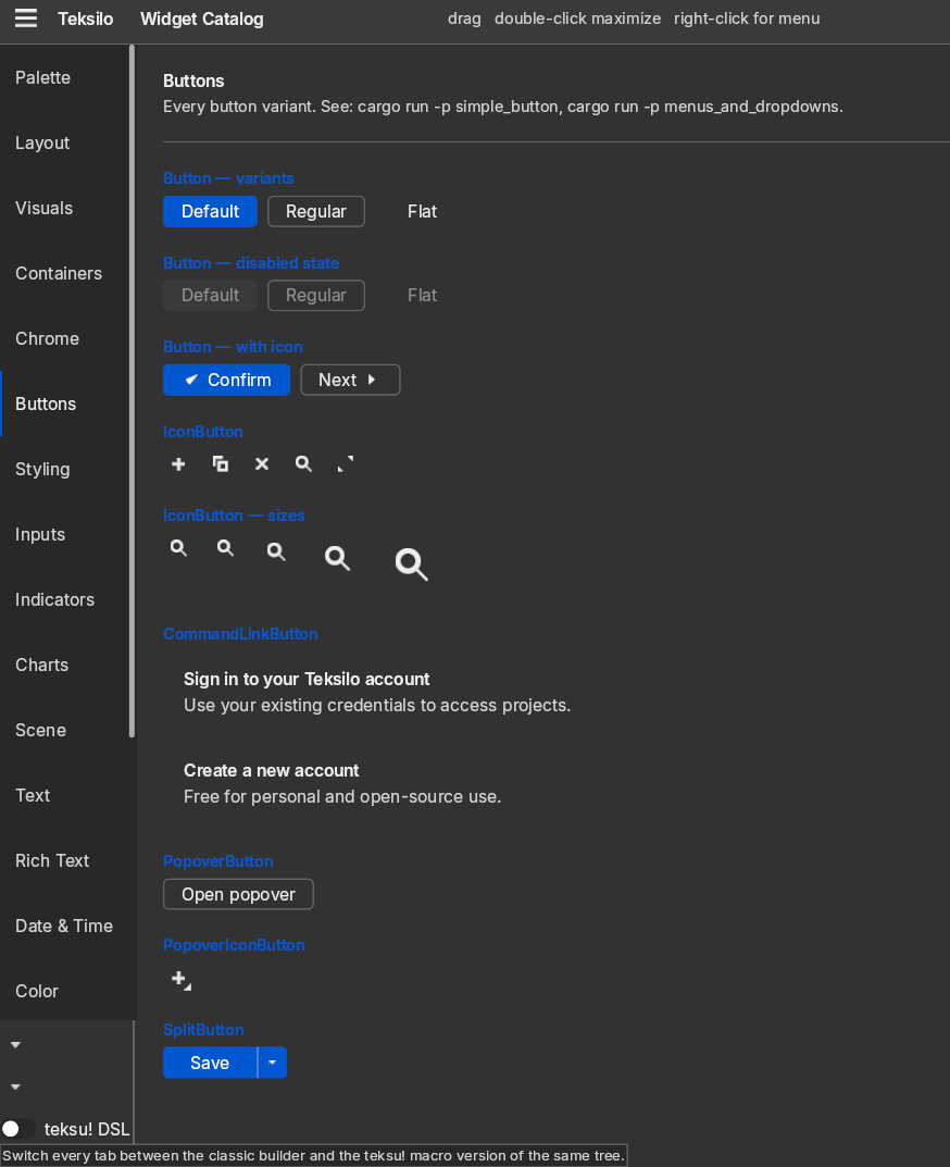 The widget catalog example in the macOS dark preset: a sidebar of category tabs beside a Buttons page showing button variants, disabled states, buttons with icons, icon buttons at five sizes, command link buttons, a popover button and a split button.
